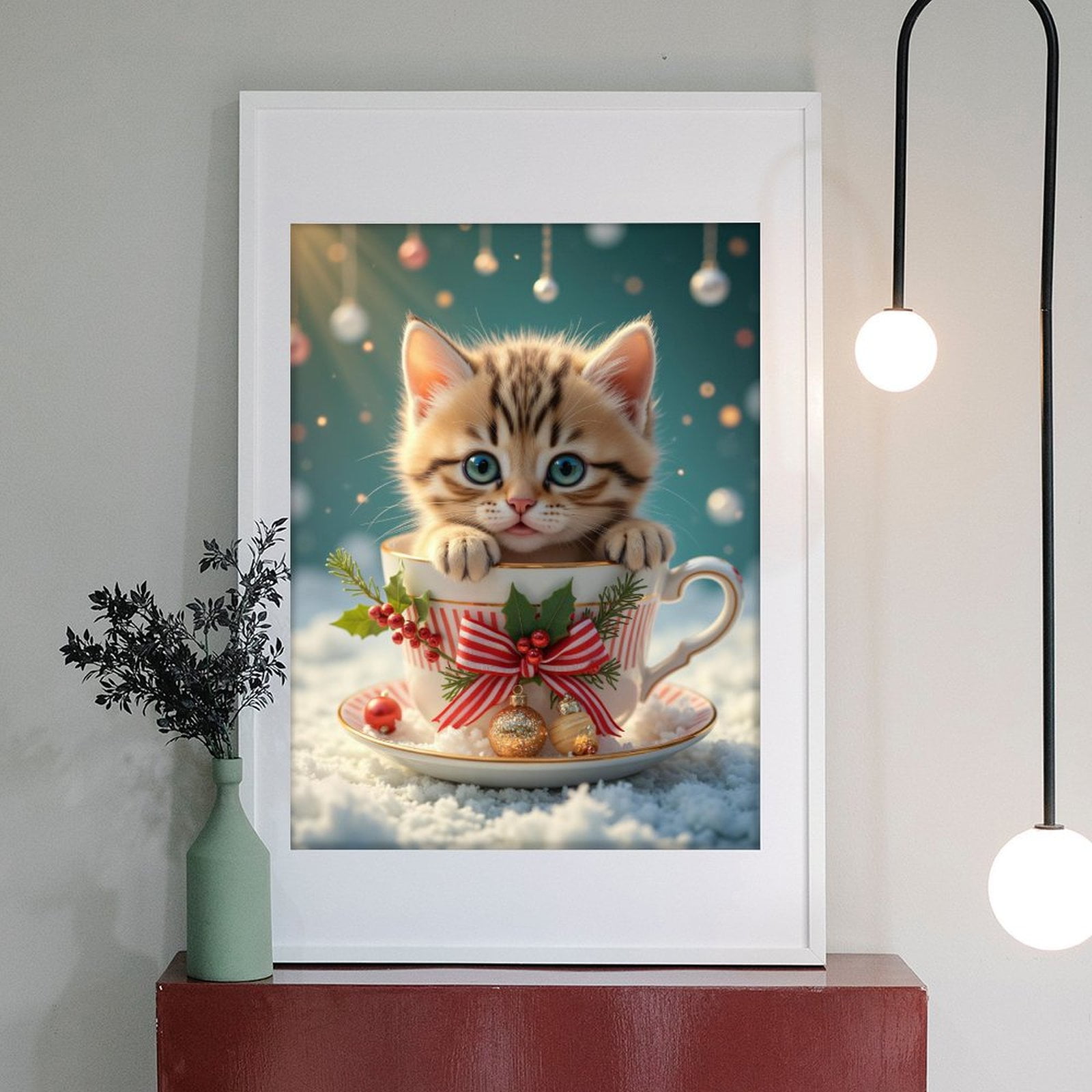Diamond Art Kit for Adults, Cute Kitten Christmas Teacup Ornament Diamond Painting for Adults Beginners, DIY Diamond Art Painting Kits, 5D Diamond Painting Crafts for Home Decor 12x16 Frameless