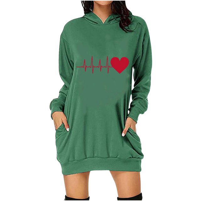 Vestido de sudadera con capucha de manga larga con estampado de corazón de amor del día de San Valentín para mujer Pompotops hdfakjf2081