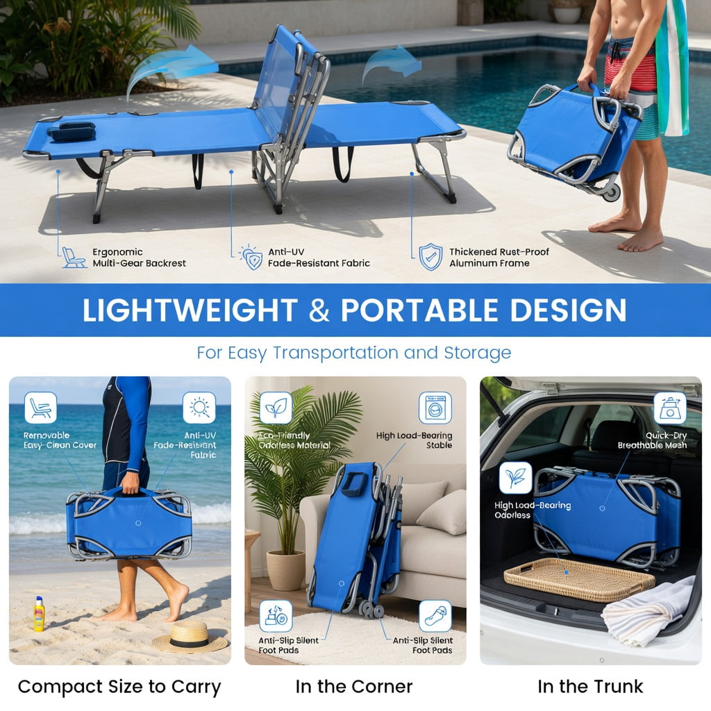 Hommoo Folding Chaise Lounge Chair with Face Hole, Adjustable Beach Lounger for Sunbathing, Camping, Fishing & Outdoor Napping, Blue