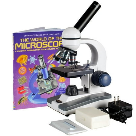 AmScope 40X-1000X Portable Student LED Compound Microscope Kit with Glass Lens & Metal Frame + Slide Kit & Book