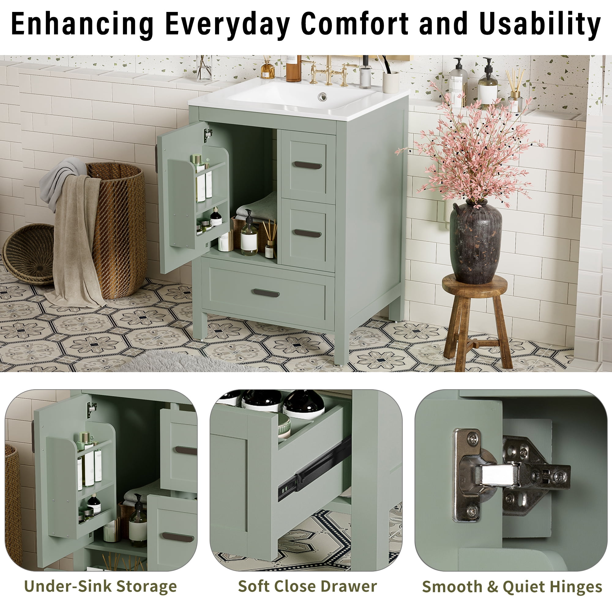 Euroco Modern 24-inch Bathroom Vanity with Ceramic Sink, Soft-Close Door, Double-Layer Door Shelf, and 3 Drawers