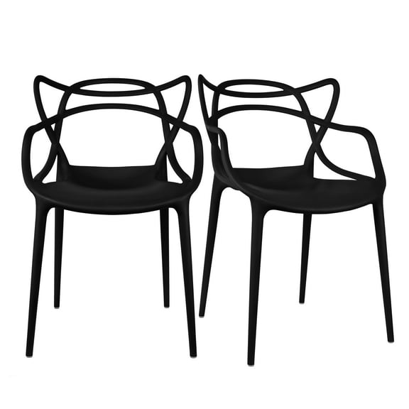 2xhome Set of 2 Modern Contemporary Designer Dining Chairs Molded Plastic Indoor Outdoor Patio Elbow Chairs, Black