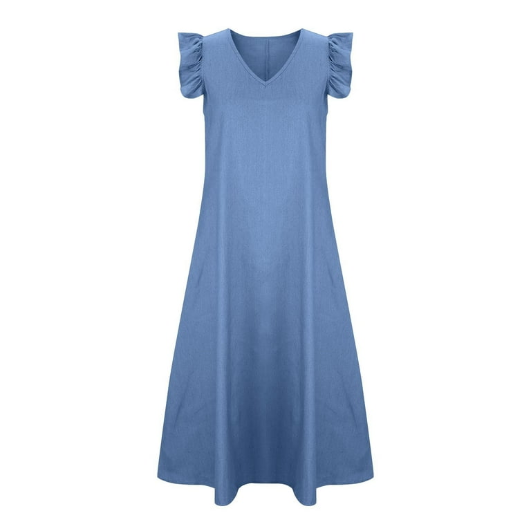 green emerald velvet dress Dark Wash V Neck Ruffle Sleeve Denim Mini Dress main image 1