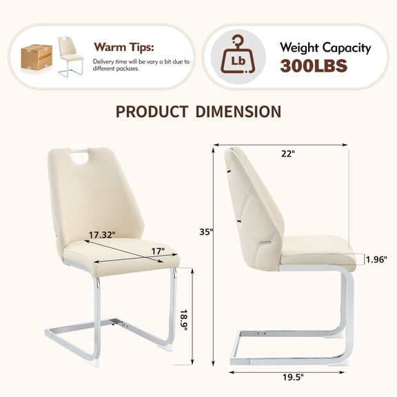 Dining Chairs Dining Chairs Set of 4, Off-White Faux Leather Kitchen Chairs with Gold Mesh Texture, Silver Back Ring and Pull Handle, High Back Upholstered Dining Room Chair (Off-White, Set of