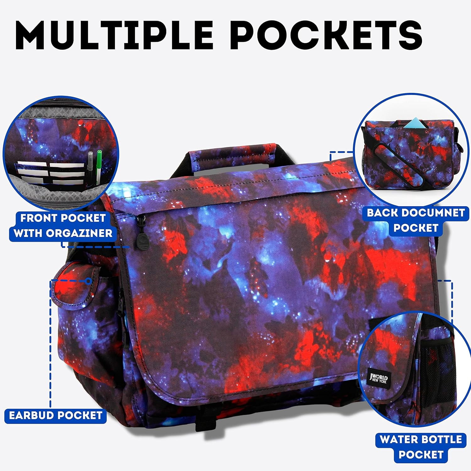 J World Unisex Thomas 16" Messenger Bag With Laptop Sleeve For School And Travel, Galaxy