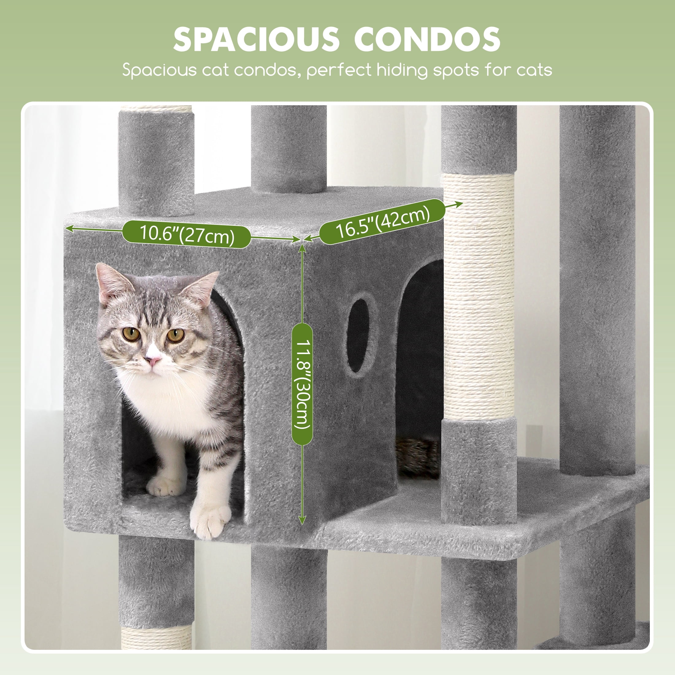 CT66F Extra Large Cat Tree | 65" Tall Indoor Cat Tower for Large Adults, Featuring 5 Scratching Posts, 2 Perches, Spacious Condo, and Hanging Basket in Light Grey