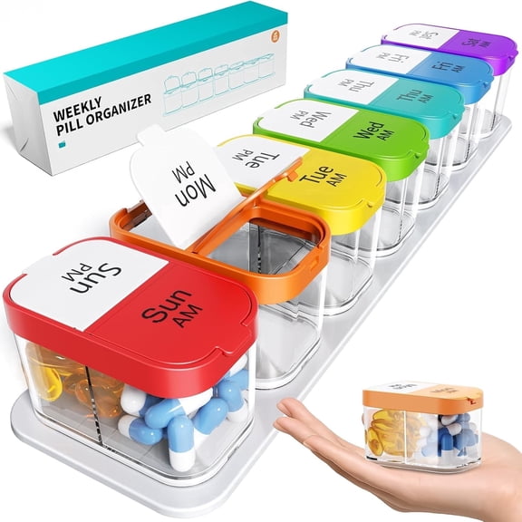 PLERISE Extra Large Weekly Pill Organizer, XL 7 Day AM/PM Pill Box, Jumbo Medicine Organizer for Twice a Day Vitamins and Supplements, Rainbow