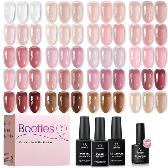 Beetles Soft Tint Nude Gel Nail Polish Set, 20 Colors Jelly Gel Polish Kit, Sheer Translucent Nude Pink Milky White Brown with Base, Glossy and Matte Top Coat for French Nail Art