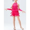 thumbnail image 4 of YONGHS Girls Tassel Latin Dance Fringe Dress with Gloves Salsa Tango Ballroom Dancewear Hot Pink 9-10, 4 of 6