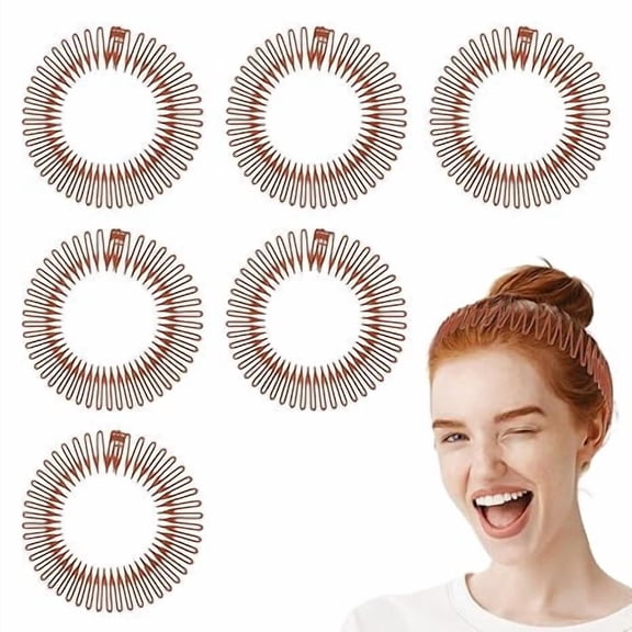 6PCS Full Circular Stretch Comb Hair Band Flexible Plastic Circle Headbands with Teeth for Women Lady Girls(Brown)