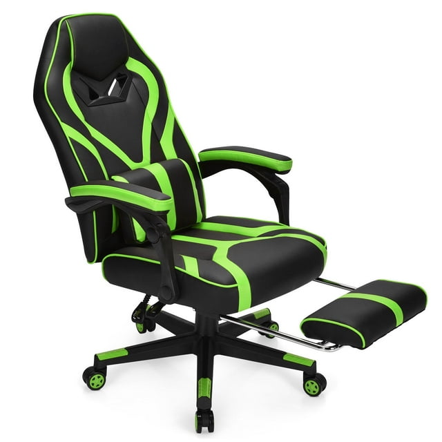 Giantex Chaise de Jeu, Fauteuil Inclinable Ergonomique avec Coussin Lombaire de Massage, Dossier Réglable, Repose-Pieds et Roulettes, Style Course pour Bureau à Domicile, Vert
