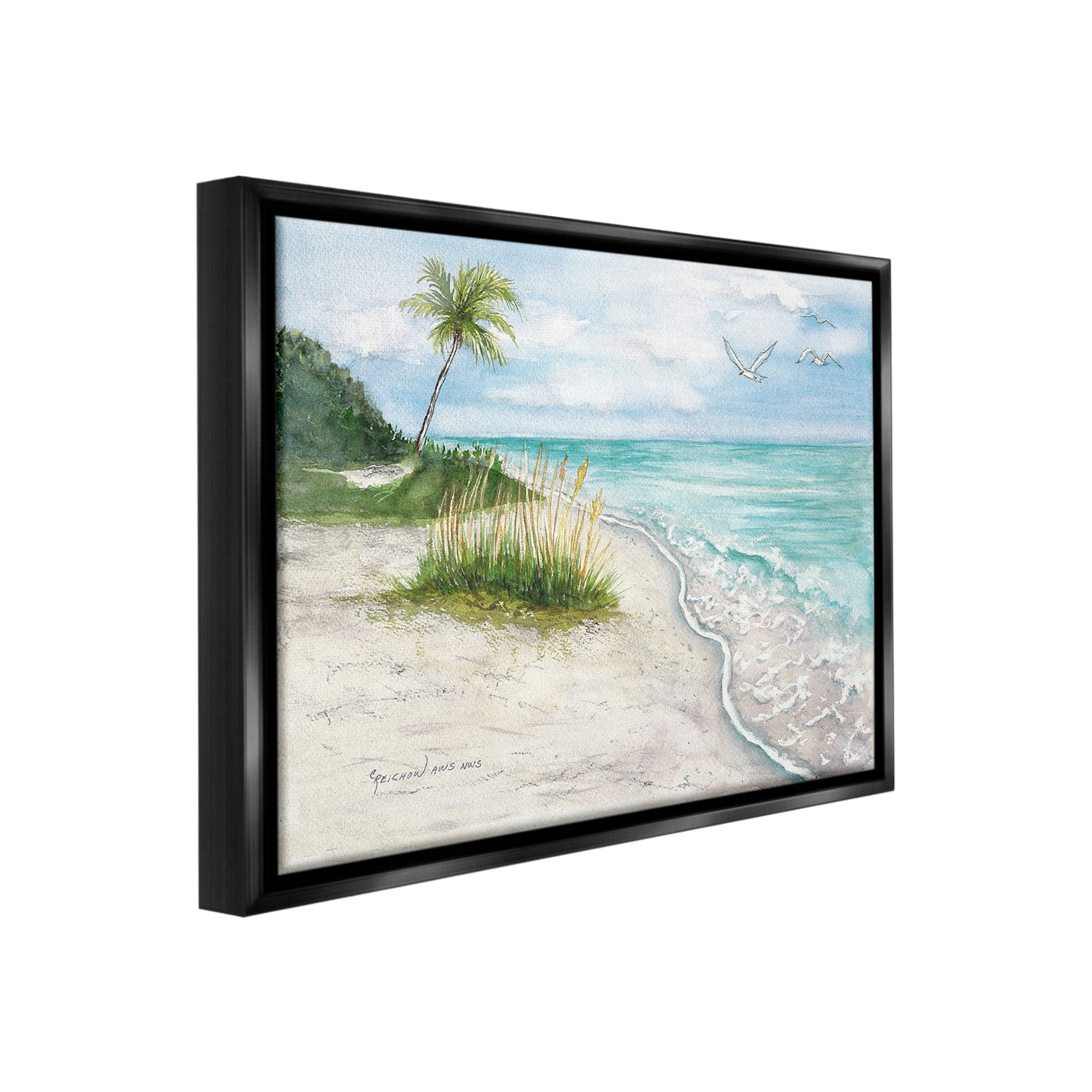 Stupell Industries Seagulls over Tropical Beach Landscape Painting Black Floater Framed Canvas Art Print Wall Art, 31 x 25