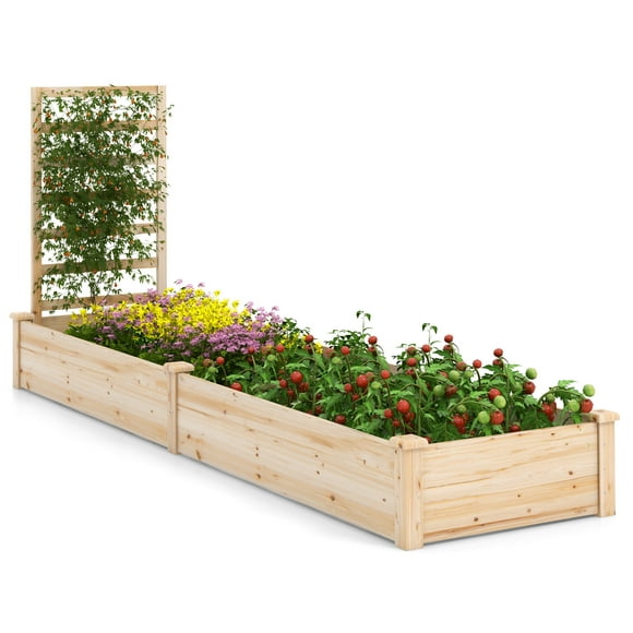 Topbuy Raised Garden Bed with Trellis Wooden Planter Box with Divided Space for Vegetables Flowers Fruits Climbing Plants