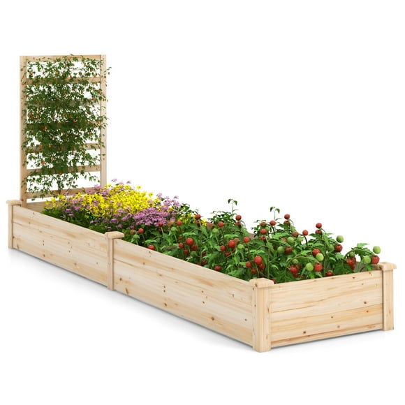 Topbuy Raised Garden Bed with Trellis 93' x 25' x 40' Natural Fir Wood with Divided Space for Vegetables, Flowers, Fruits, Climbing Plants