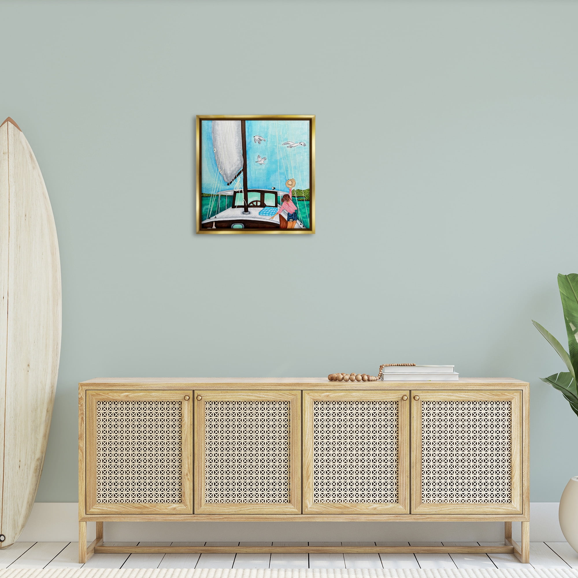 Stupell Industries Girl on Boat Scene Transportation Painting Gold Floater Framed Canvas Art Print Wall Art, 25 x 25