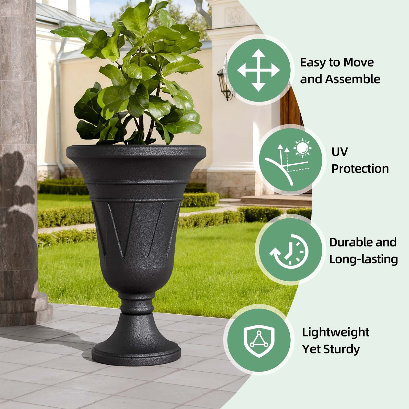 Chiccushion 23.6" Large Urn Planters for Outdoor Plants, Set of 2 Plastic Flower Pot for Wedding Party Bridal Shower Garden Patio Home Decor, Black