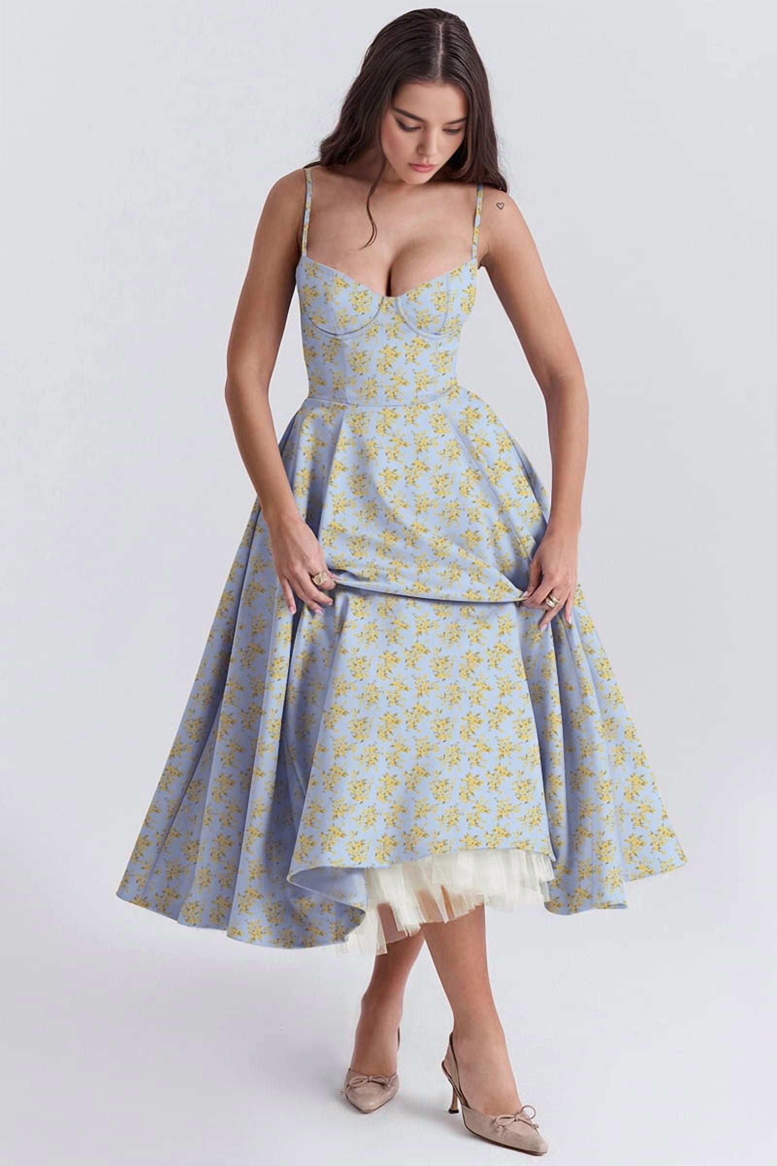 Wedding Guest Dresses for Women Spaghetti Straps Corset Homecoming Floral Lace Maxi Prom Dresses Blue Bottom L