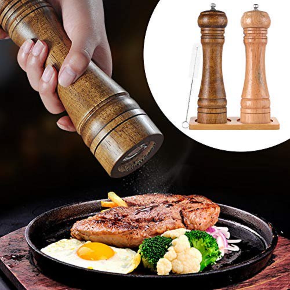 Dsseng 2Pcs Salt And Pepper Mill - Acacia Wood Classic Design - Ceramic Grinder Refillable Mill -8 inches