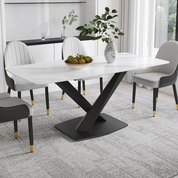 Modern 63" Rectangle White Marble Top Dining Table with X-Shape Carbon Steel Pedestal for Kitchen