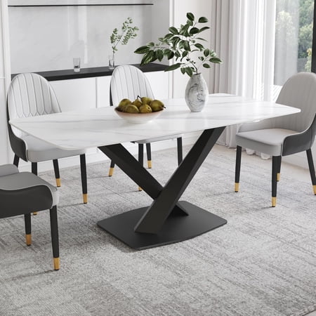Modern 63 Rectangle White Marble Top Dining Table with X-Shape Carbon Steel Pedestal for Kitchen