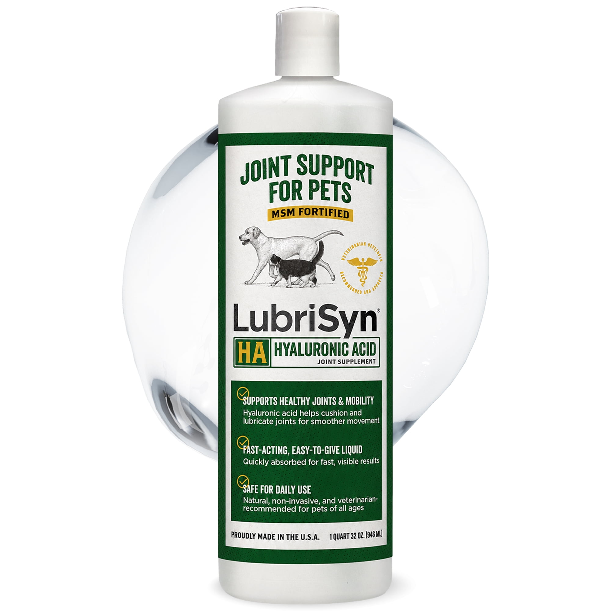 LubriSyn Equine & Pet Hyaluronic Acid Hip & Joint Supplement Plus MSM for Horses, Dogs and Large Animals, Vet-Developed Oral Liquid, Quart Size, 32 oz