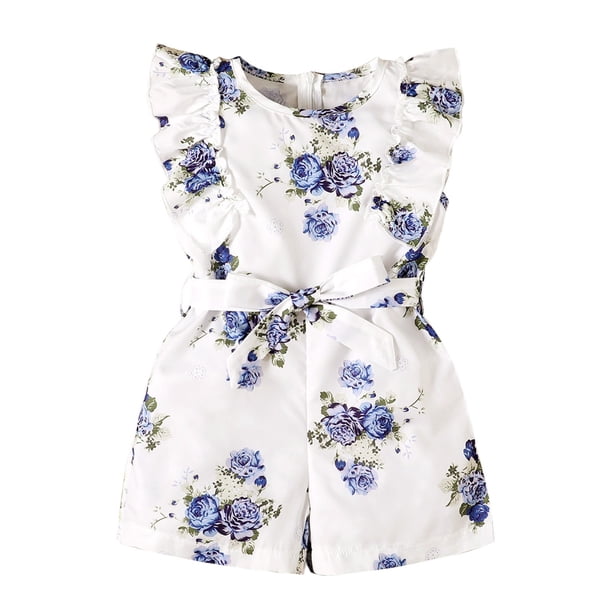 Odeerbi 3M-6Y Niñas Verano Rompers Ruffle Floral Sudadera Manga Corta Suspensión Pantalones Cortos Generales Con Cintura