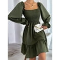 thumbnail image 4 of Women'S Square Neck Lantern Long Sleeve Ruffle Shirred Flowy Party Mini Dress Army Green XXL, 4 of 10