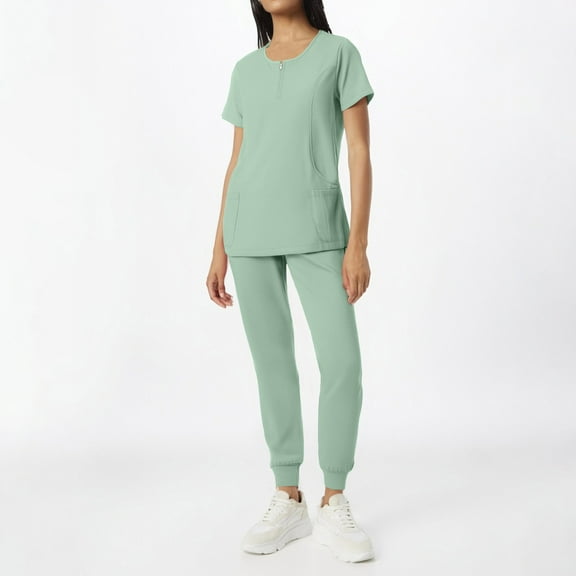 Vitastitch Womens Scrubs, Women's Scrub Sets 2-Pc Short Sleeve V-Neck Top & Pants, Breathable Nurse Work Uniform with Pockets, Adjustable Waist for Hospital Clinic Summer Green L