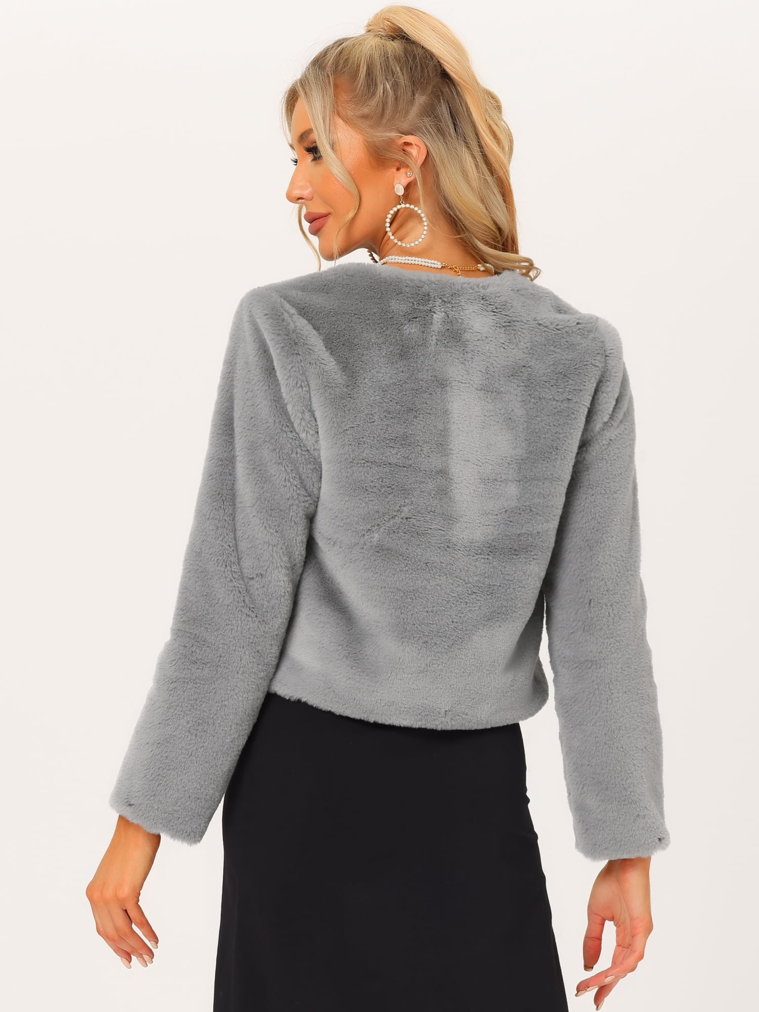 DARING DIVA Women's Faux Fur Cropped Open Front Jacket Bolero Coat M Gray