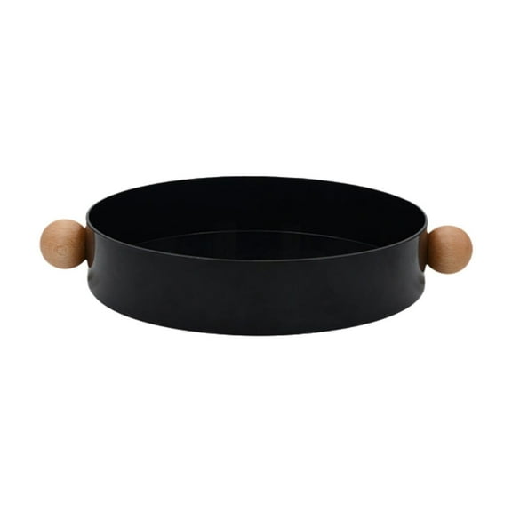 Black Simplicity Round Tray With Solid Wood Handle, Resin Material For Living Room, Entryway, Fruit, Snack Storage, 12.91X12.91X2.05In 0.66Lb