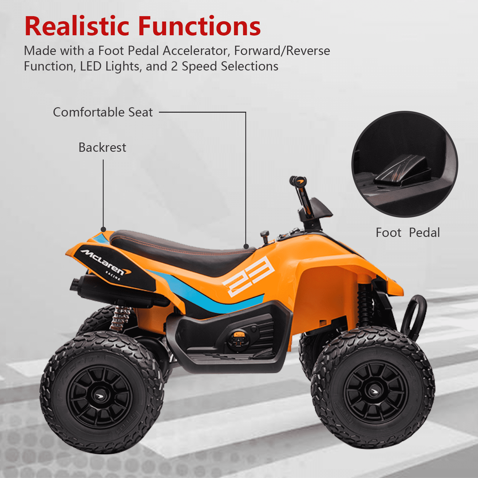 24V Battery Powered, 4-Wheeler Quad Car Toy ATV for 3-8yrs, Electric Off-Road Car with 2 Speeds, LED Lights, Bluetooth, MP3
