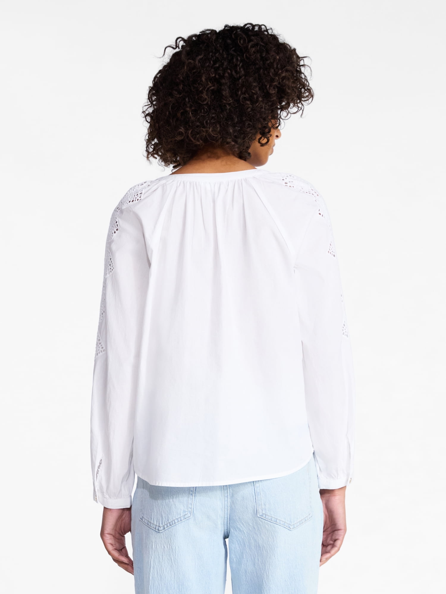 Time and Tru Women's Eyelet Blouse with Long Sleeves, Sizes XS-XXXL