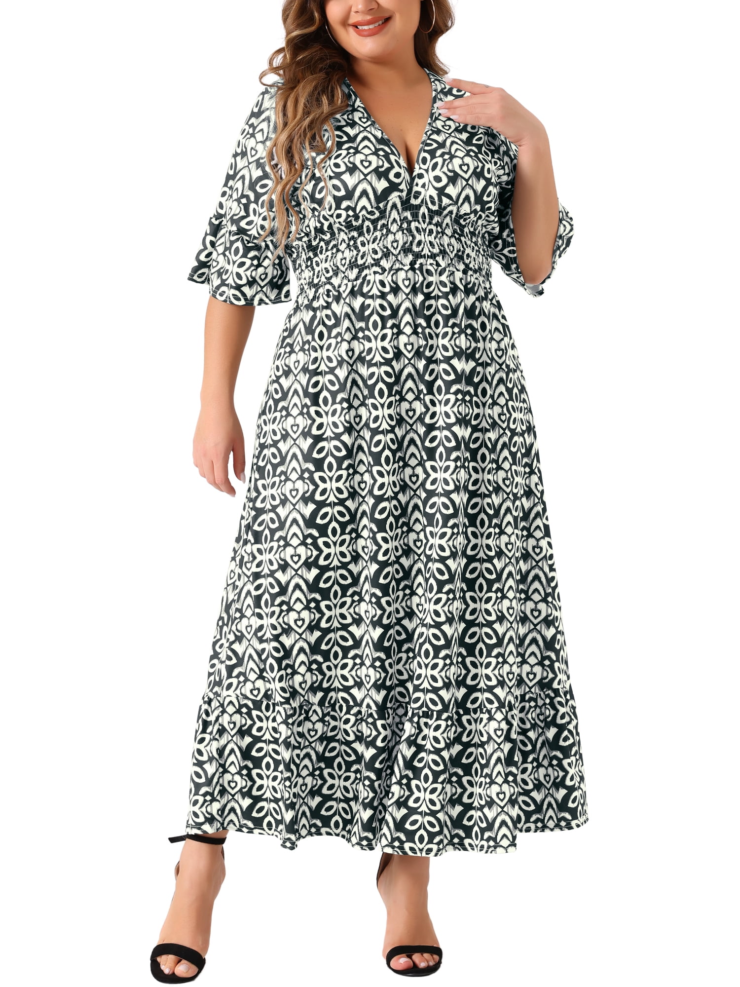 DARING DIVA Women's Plus Size Bell Sleeve Ruffled Hem Boho A Line Dress 1X Black