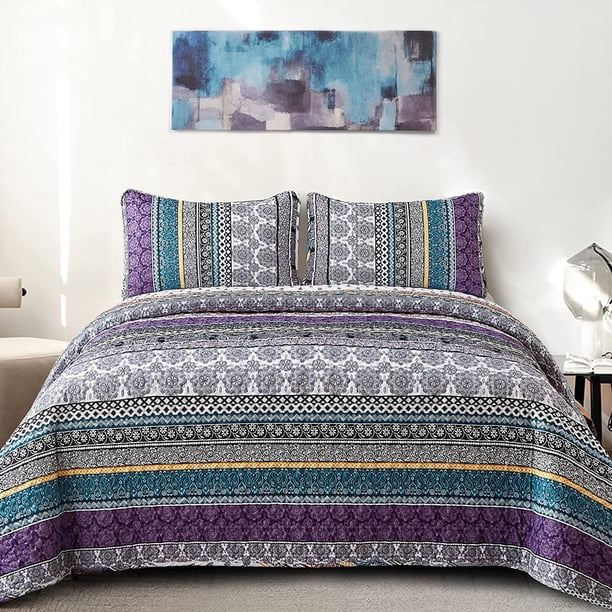 Juego de edredón WONGS BEDDING, estilo bohemio, tamaño queen, morado, bohemio, 3 unidades