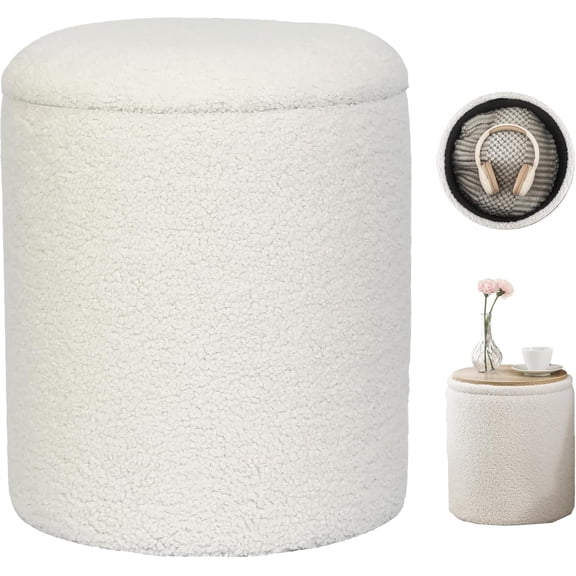 Round Storage Ottoman Vanity Stool White, 2 in 1 Small Circle Coffee Table with Ottomans Foot Stool Hassocks, Modern Footrest Teddy Velvet for Living Room, Bedroom, Dorm, Cream White