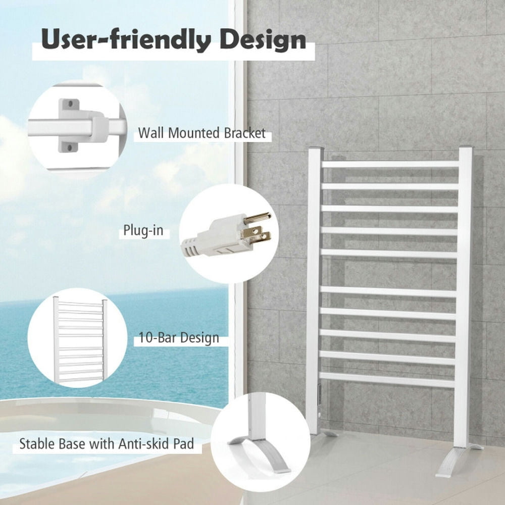 Finihen Wall Mounted Towel Rack, Electric Heated Towel Rack, 2-in-1 150W Freestanding and Wall-mounted Towel Warmer Drying Rack with Timer, for Bathroom, laundry Room, Silver