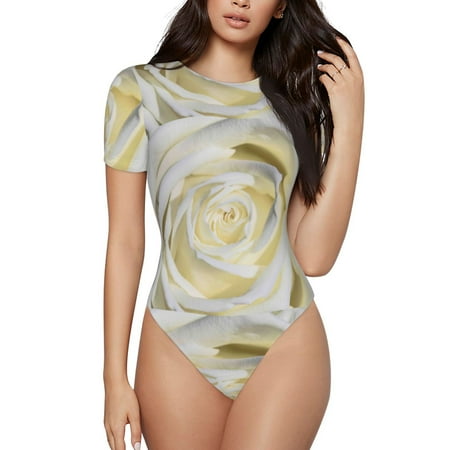 Gaeub White Rose Women S Short Sleeve One Piece Swimsuit Sexy High-Waisted Bodysuit For Swimming  Beach  Sports - Large
