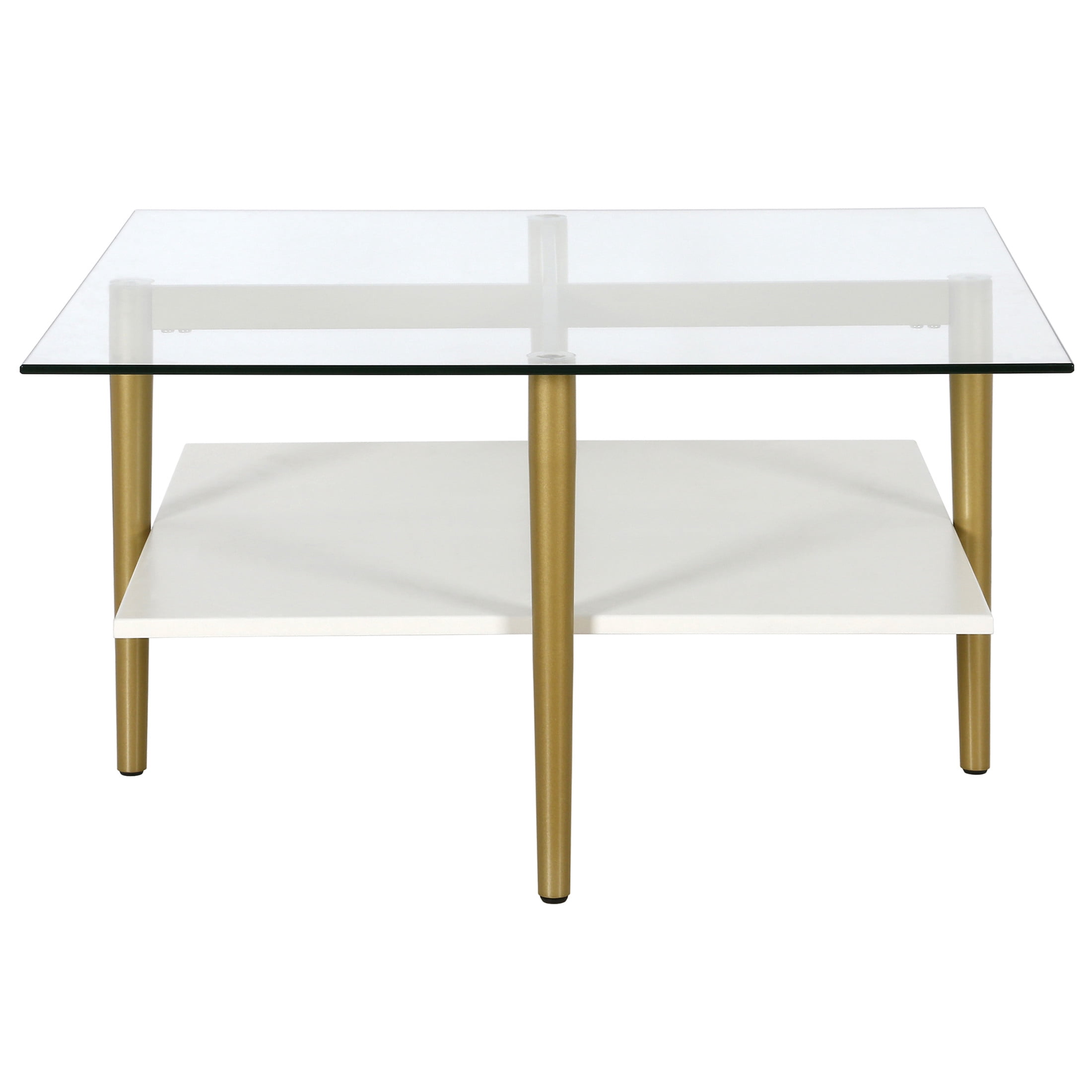 Evelyn&Zoe Otto 32" Wide Square Coffee Table with White Lacquer Shelf, Brass