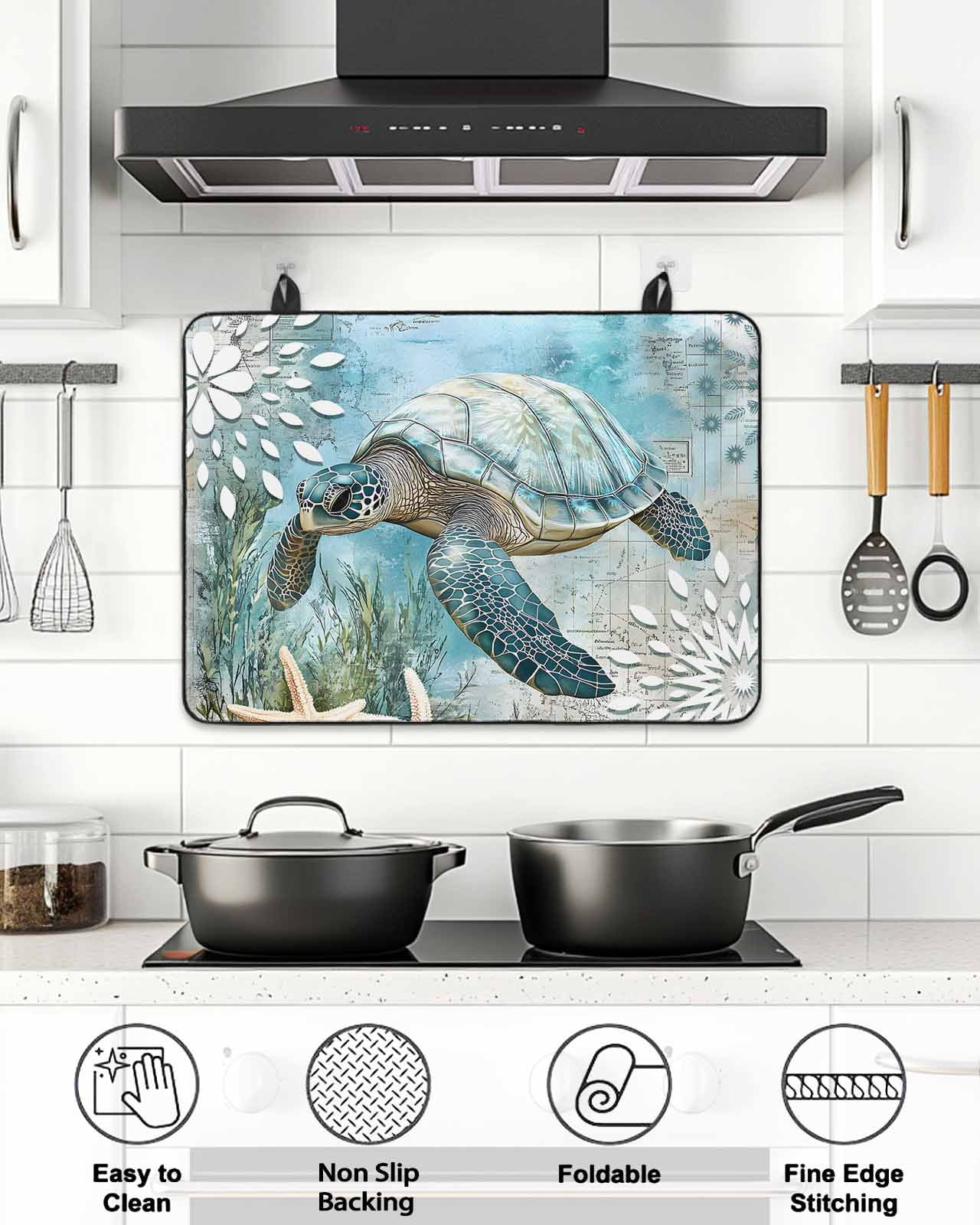Stove Top Covers for Electric Stove, Sea Turtle Coastal Glass Stovetop Cover Protector, Summer Beach Teal Coral Starfish Induction Cooktop Protector Oven Mat for Kitchen Countertop 28.5"x20.5"
