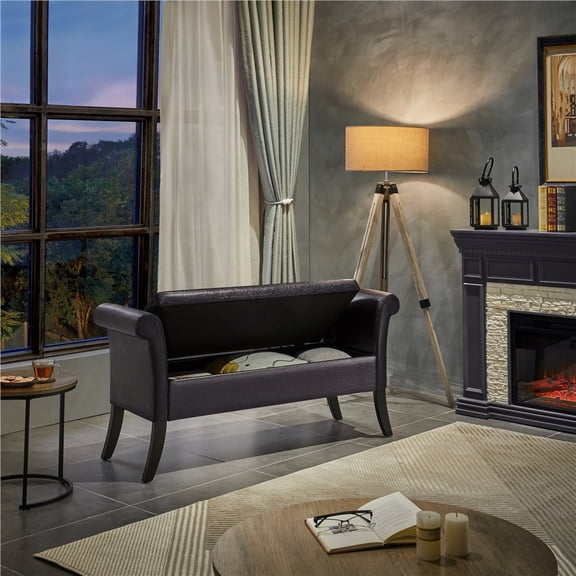 Yaheetech Modern Faux Leather Storage Bench with Rolled Armrests, Dark Brown