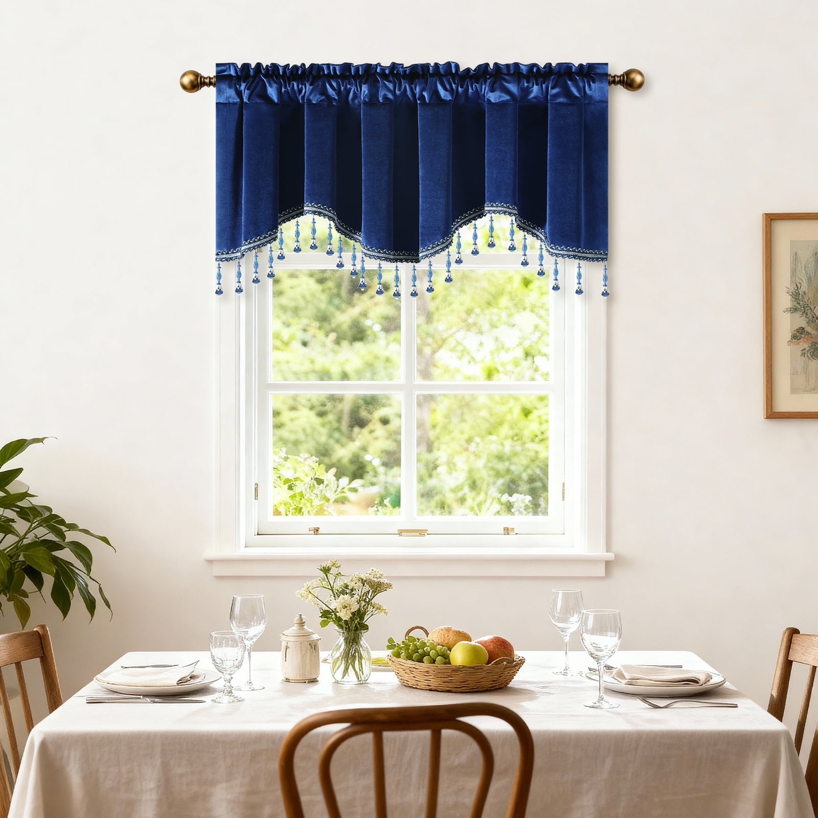 VOGOL Blue Velvet Scalloped Window Valance with Beaded Trim, Elegant Decorative Curtain Topper for Living Room Bedroom