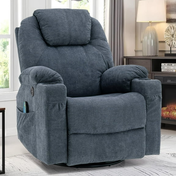 MEETWARM 360° Swivel Rocker Massage Recliner Chair- Ergonomic Manual Glider with Heat, Cup Holder, Side Pockets, Remote Control & USB Ports(Gray-Blue)
