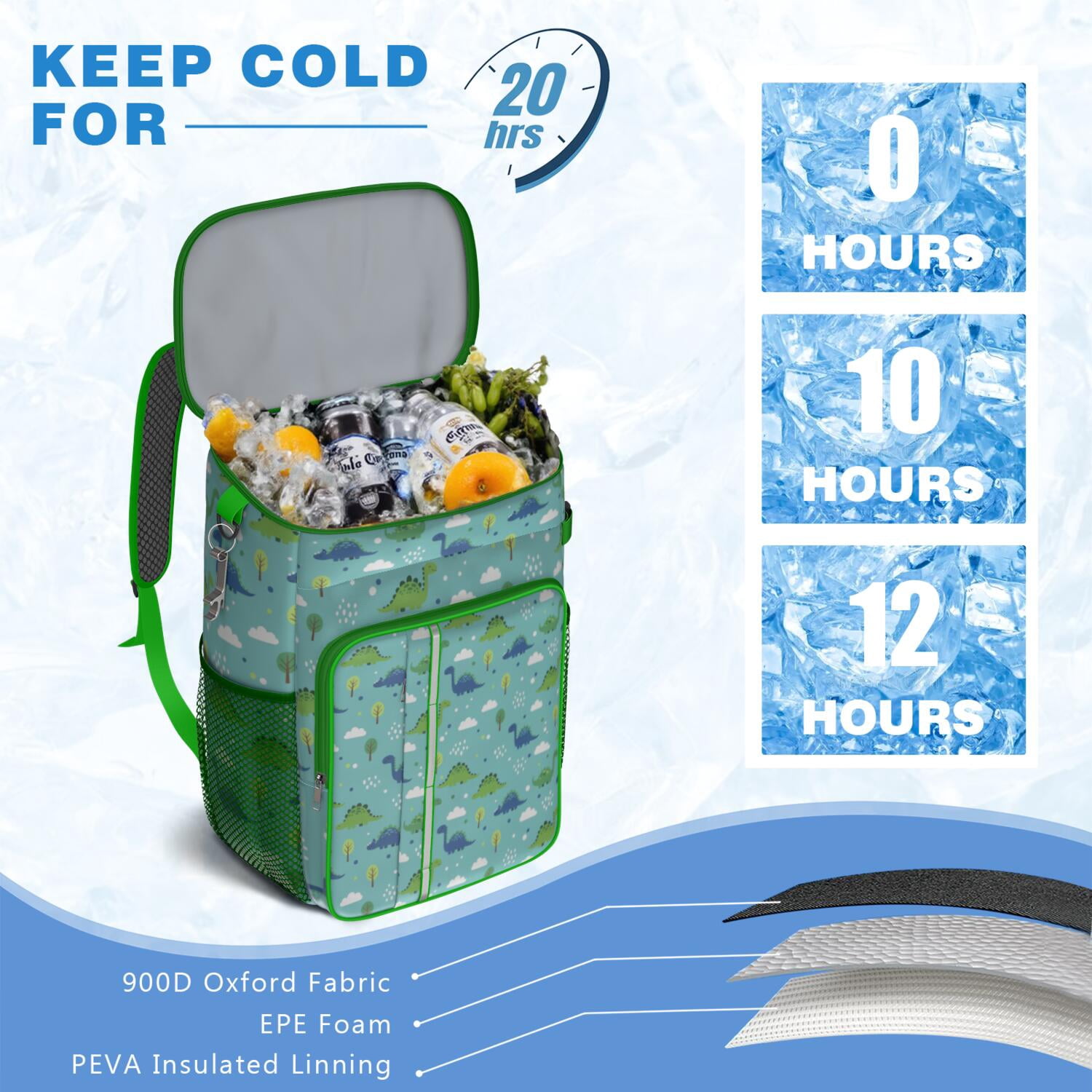 Travel Cooler Bag - Light Blue Dinosaurs Clouds Trees Pattern Camping Beer Cooler Backpack with Bottle Opener- Waterproof Insulated Picnic Backpacks - Cooler Bag for Beach