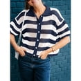 thumbnail image 2 of Women Summer Striped Crochet Cardigan Sweater Half Sleeve Button Up Top, 2 of 5