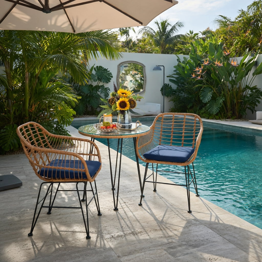 Hommoo 3-Piece Outdoor Rattan Patio Furniture Set, 2 Cushioned Chairs + Tempered Glass Coffee Table, Navy