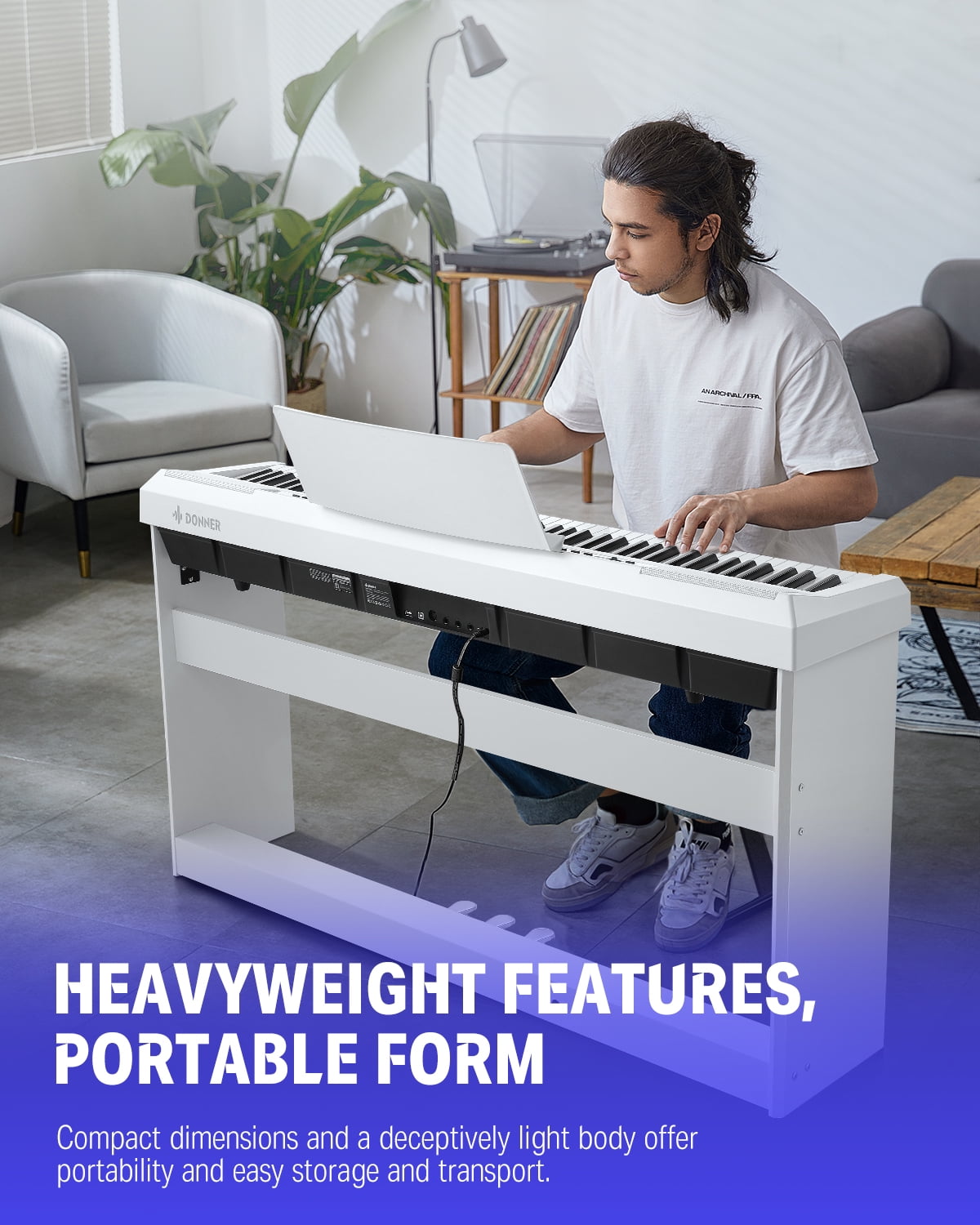 Donner DEP-20 Beginner Digital Piano 88 Key Full Size Weighted Keyboard, Portable Electric Piano with Furniture Stand, 3-Pedal Unit, White