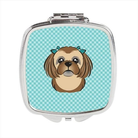 Checkerboard Blue Chocolate Brown Shih Tzu Compact Mirror - 2.75 x 3 x .3 In.