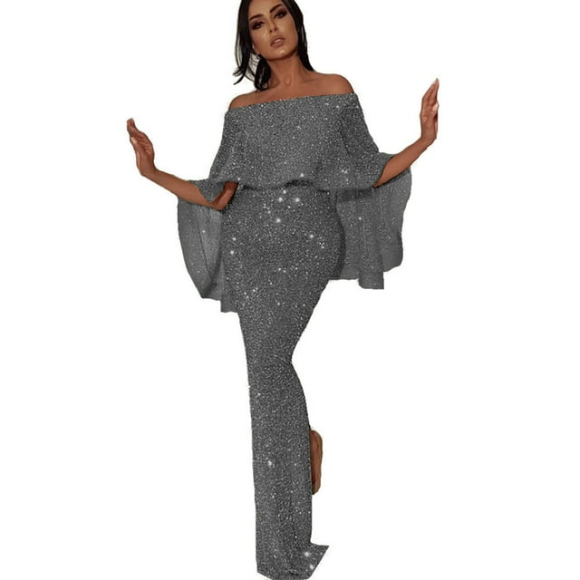 Pompotops Ladies Back Big Leaf Wrapped Chest And Shoulder BlingBling Package Hip Split Evening Dress