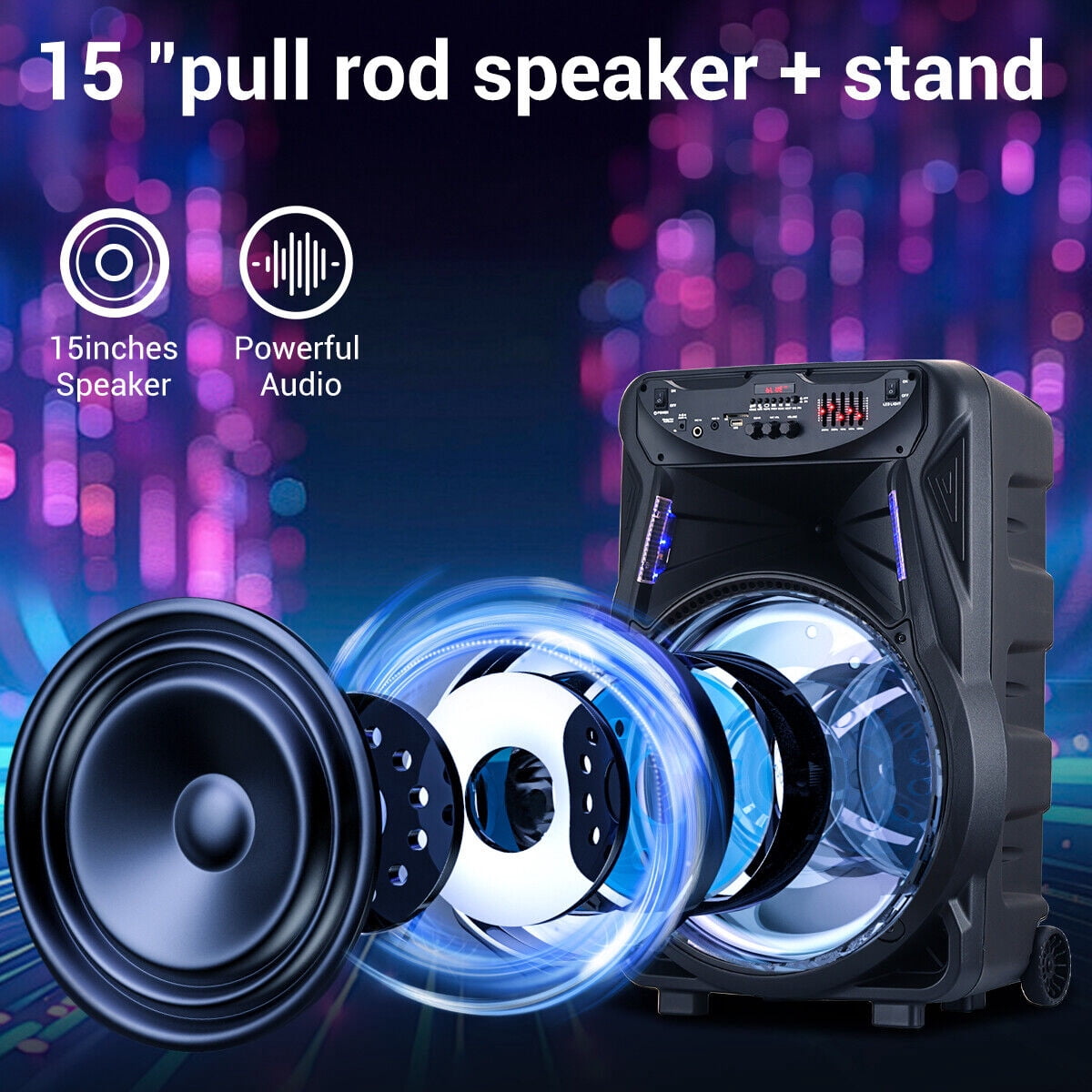 2700W Portable Bluetooth Speaker with Tripod Stand 15" Woofer Party PA Sound System Horn Tweeter Mic