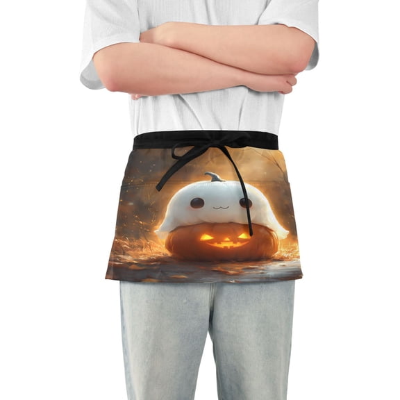 Server Apron with 3 Pockets Waterproof Waitress Waist Short Apron for Man Woman Lovely Ghost on Pumpkin 12 Inches